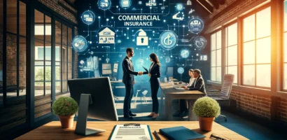 Local business setting with professionals discussing insurance policies, a stack of insurance documents on a wooden counter and a business owner shaking hands with an insurance agent, symbolizing various types of commercial insurance such as liability, property, and cyber risk.